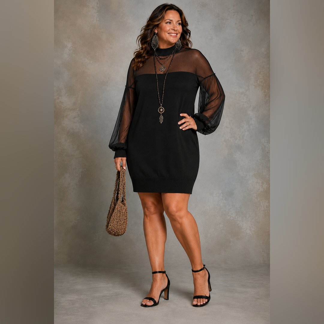Delicia | Black Mesh-Sleeve Mini Dress