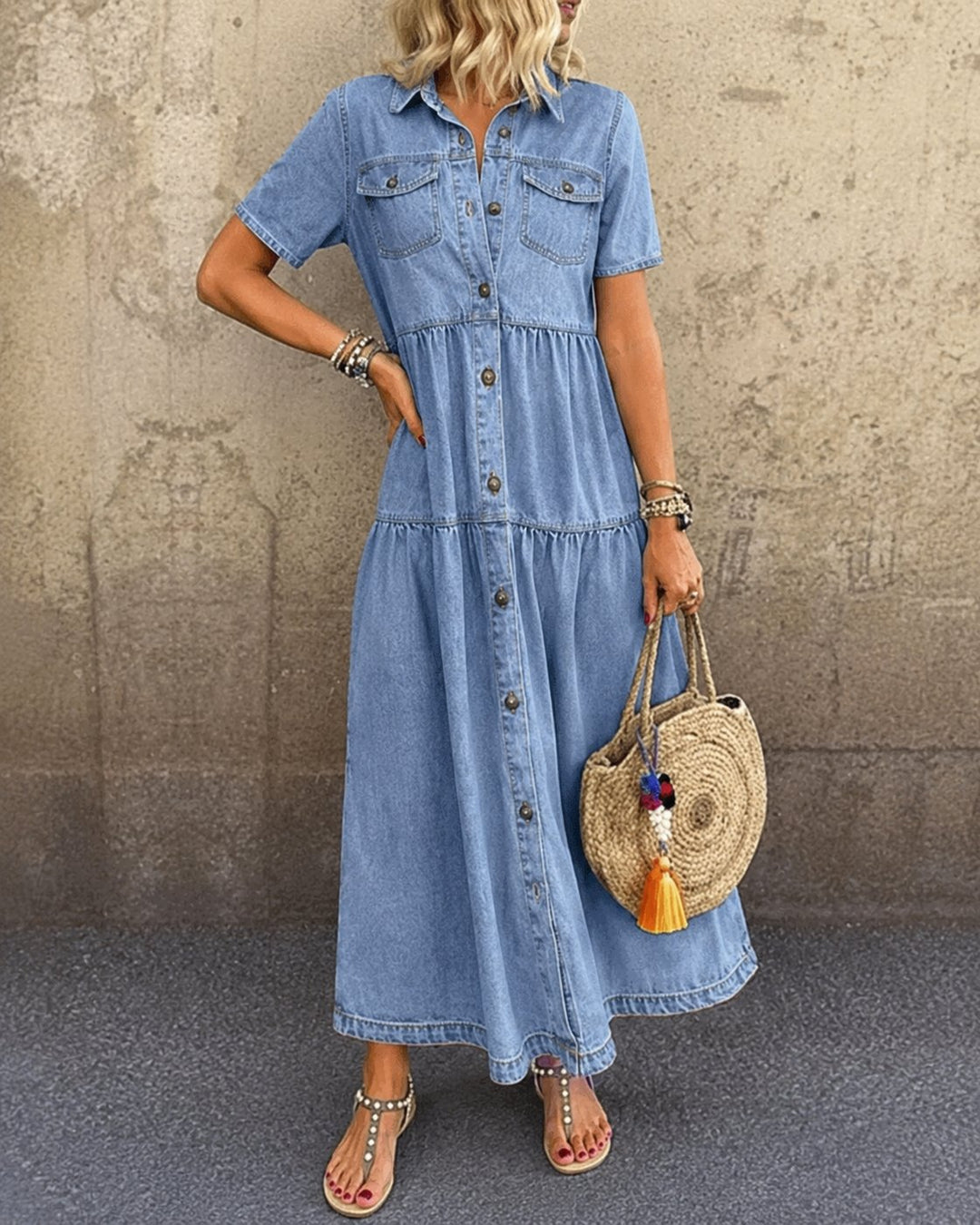 Shayna | Belly-covering Denim Midi Dress with Buttons