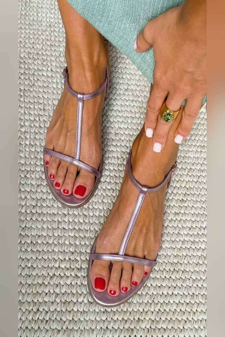 Jenifer | Metallic T-Strap Flat Sandals