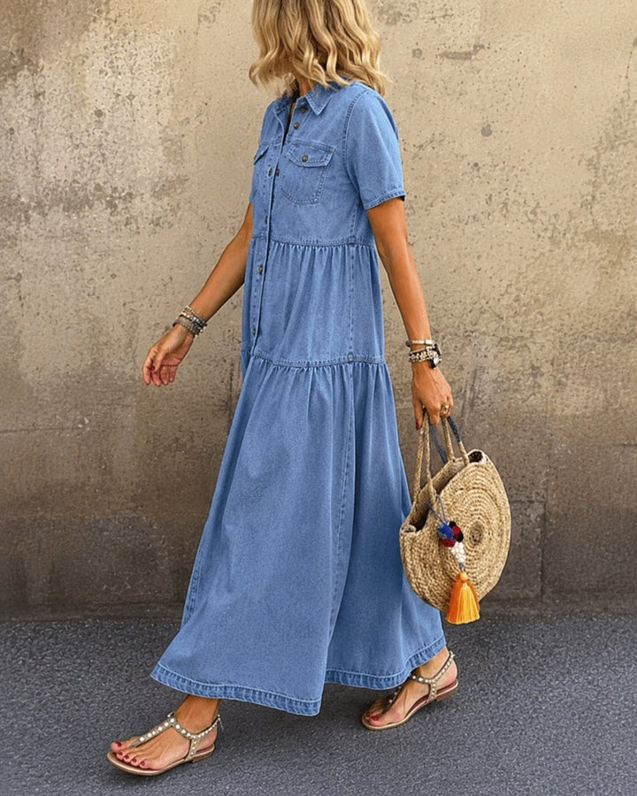 Shayna | Belly-covering Denim Midi Dress with Buttons