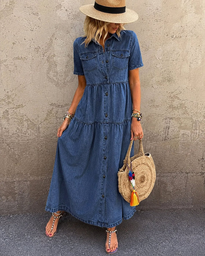 Shayna | Belly-covering Denim Midi Dress with Buttons