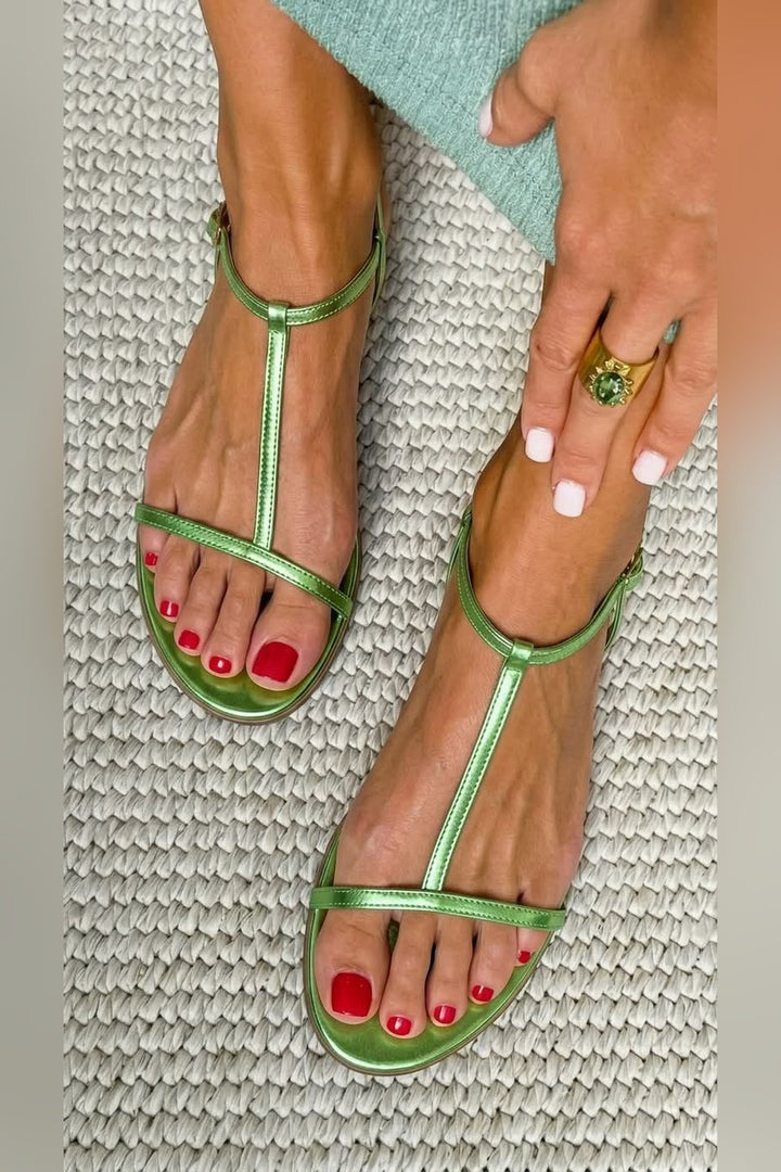 Jenifer | Metallic T-Strap Flat Sandals