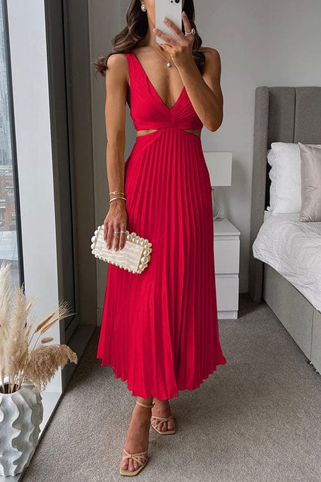 Shelly | Elegant Pleated Satin Midi Dress