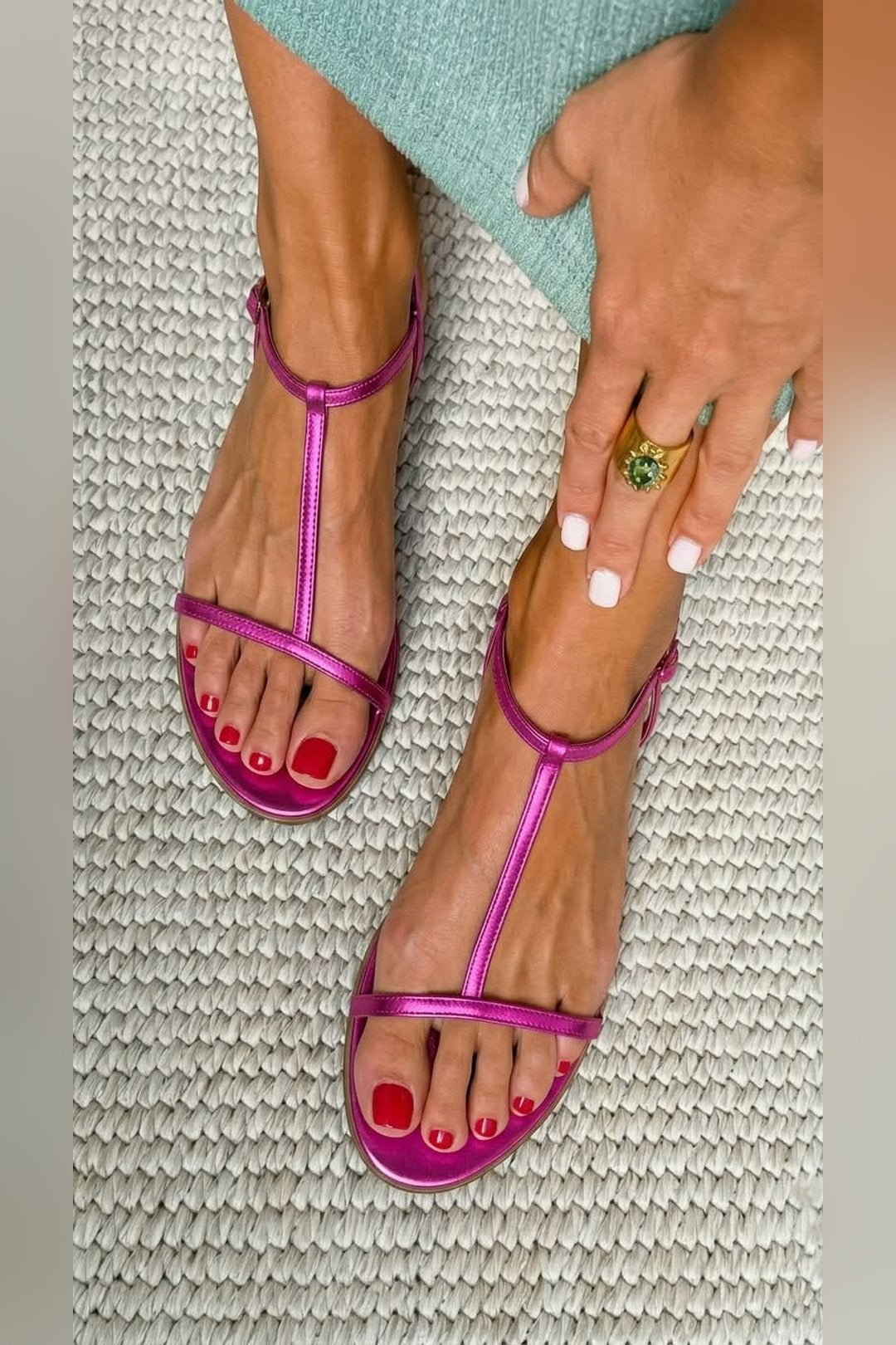 Jenifer | Metallic T-Strap Flat Sandals