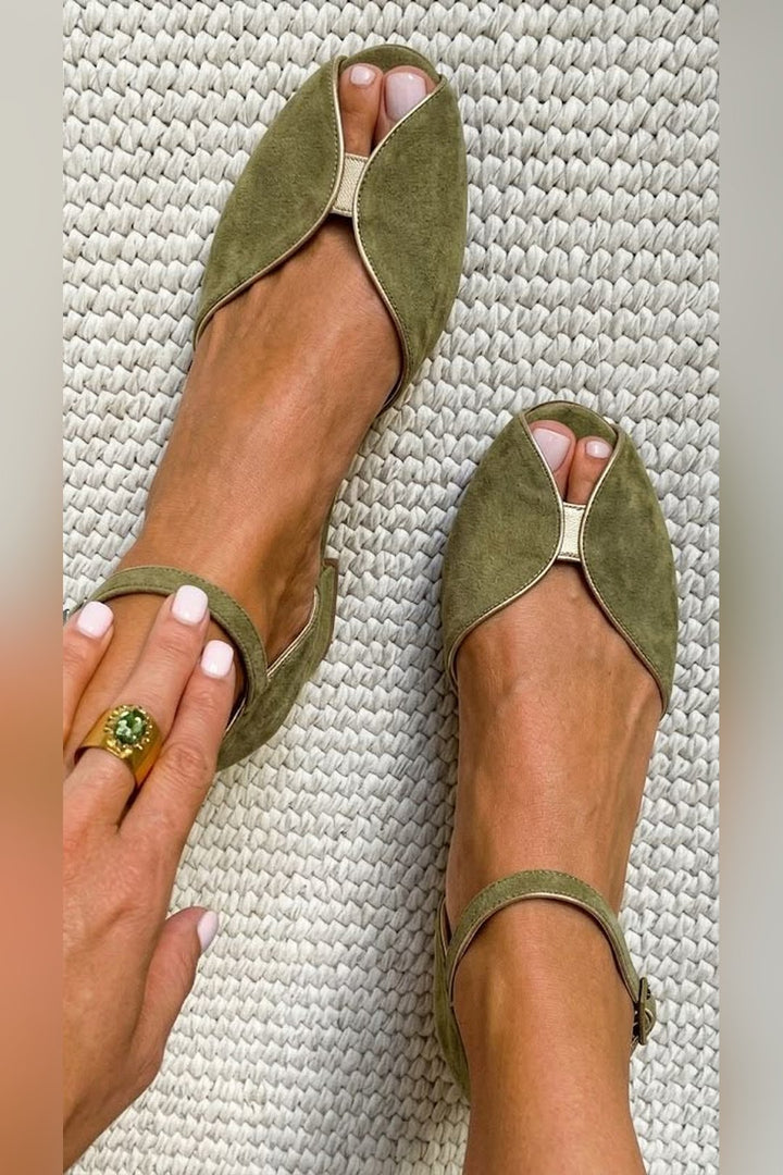 Deloris | Metallic Trim Open Toe Flats