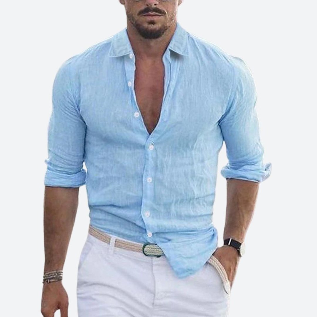Roger | Slim Fit Open Collar Linen Shirt