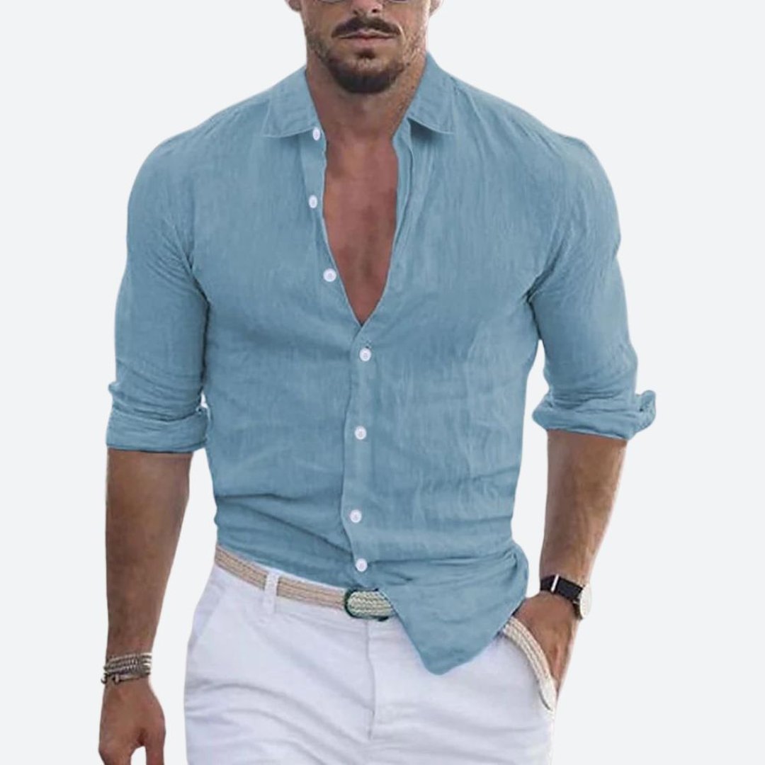Roger | Slim Fit Open Collar Linen Shirt