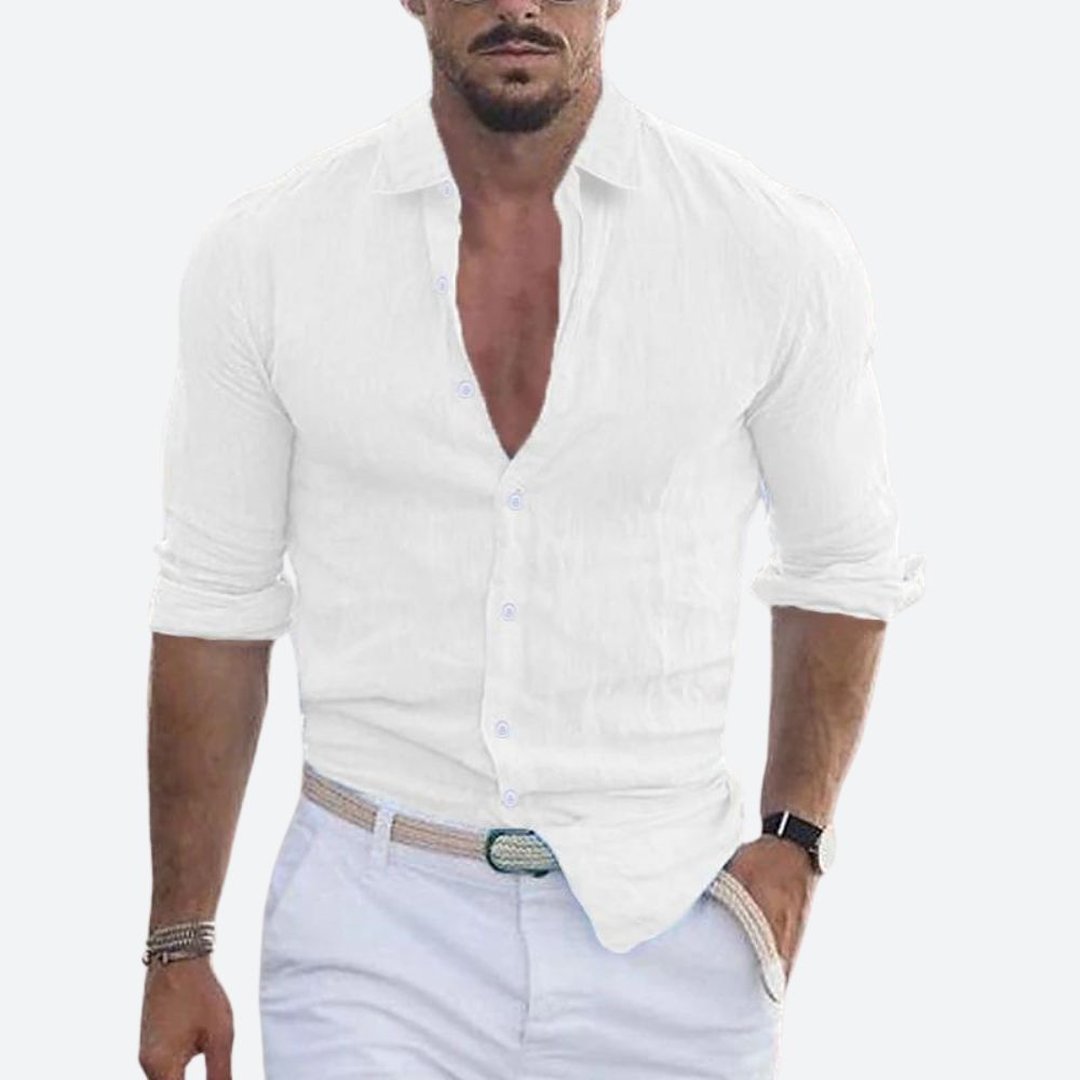 Roger | Slim Fit Open Collar Linen Shirt