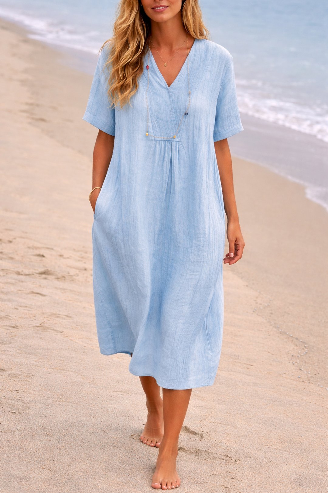 Sandy | Linen Relaxed V-Neck Midi Dress