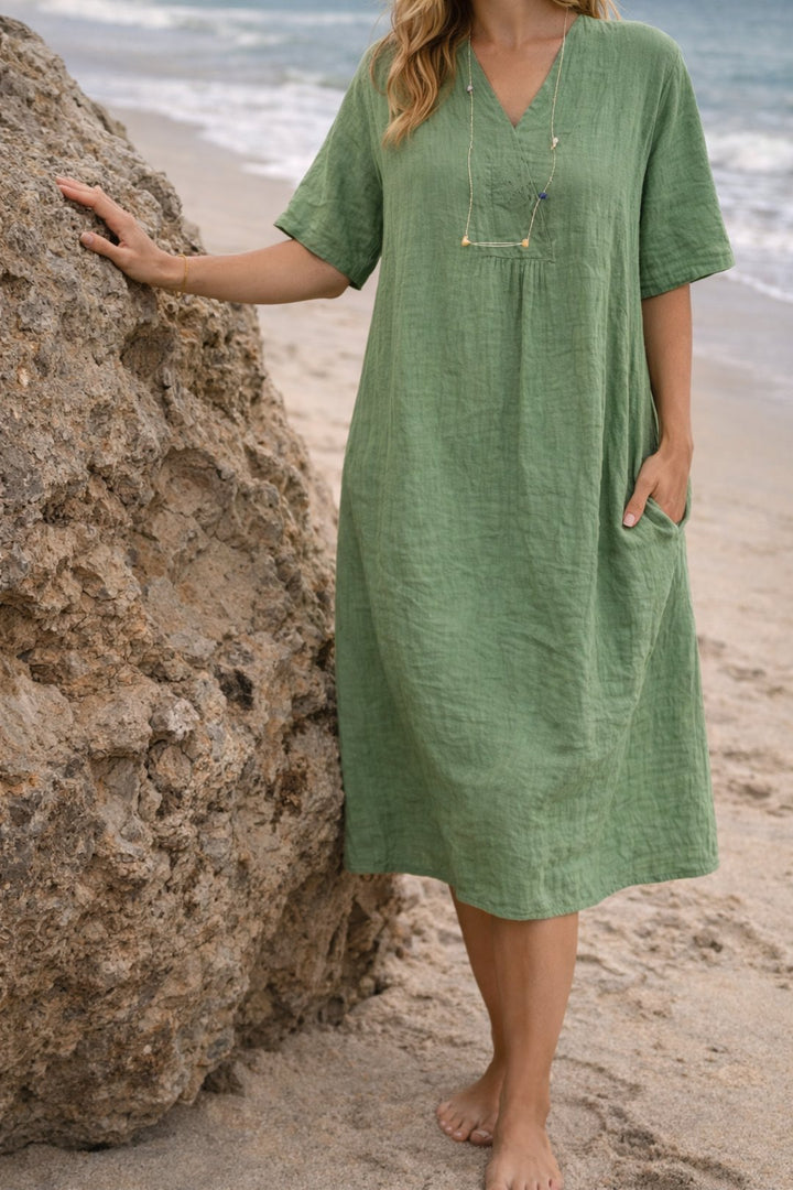 Sandy | Linen Relaxed V-Neck Midi Dress