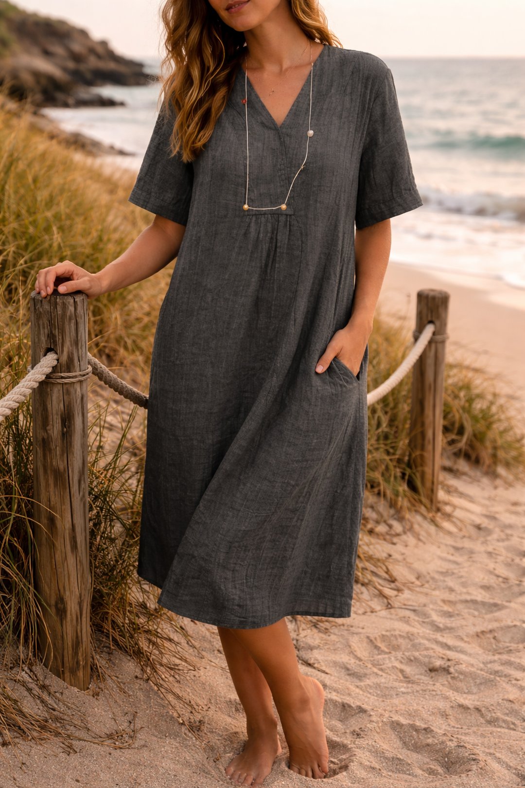 Sandy | Linen Relaxed V-Neck Midi Dress