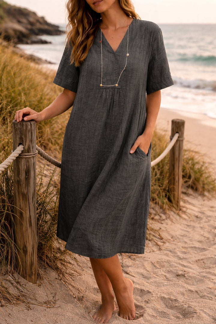 Sandy | Linen Relaxed V-Neck Midi Dress
