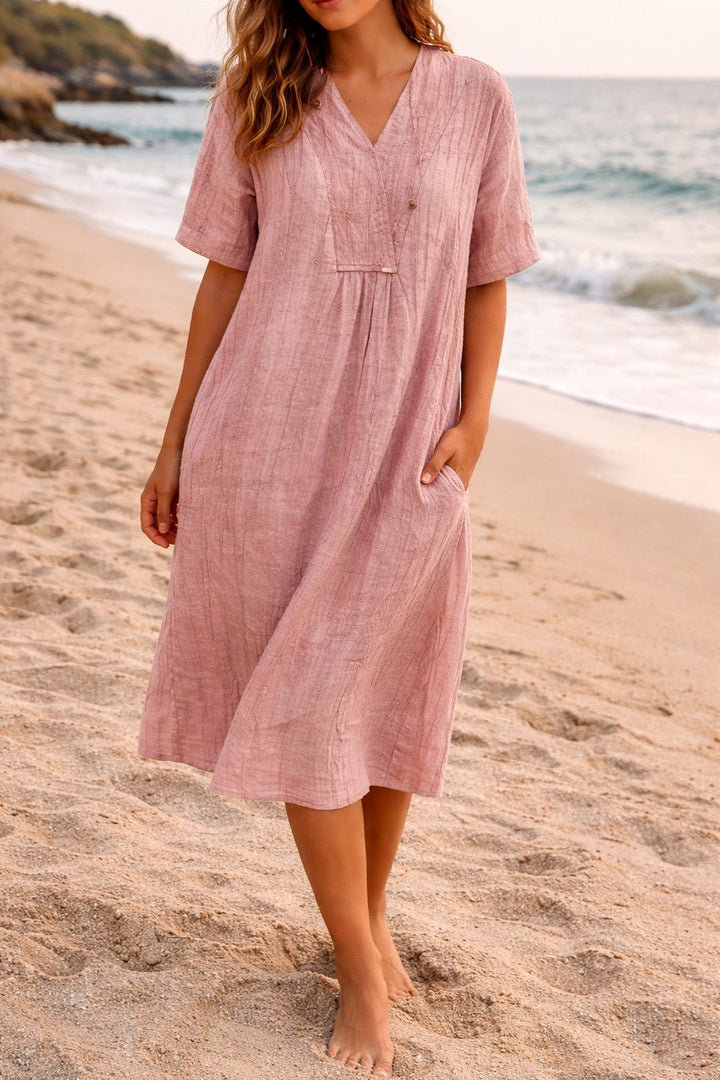 Sandy | Linen Relaxed V-Neck Midi Dress