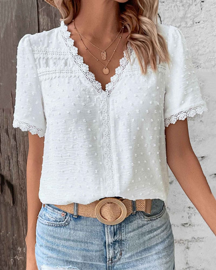 Frances | White Textured V-Neck Summer Blouse