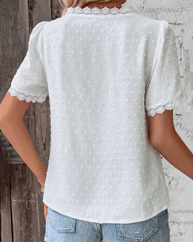 Frances | White Textured V-Neck Summer Blouse