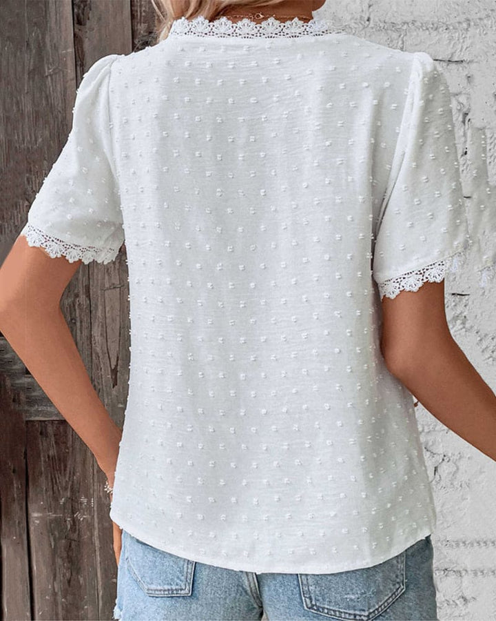 Frances | White Textured V-Neck Summer Blouse