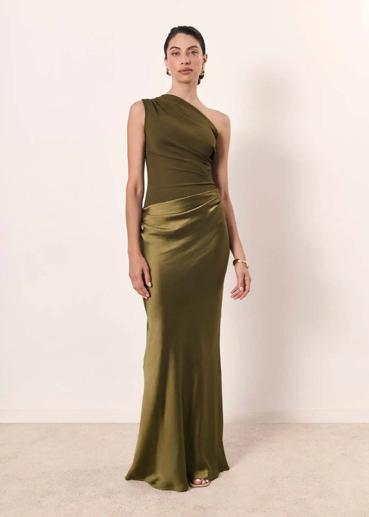 Sage | One-Shoulder Satin Maxi Dress