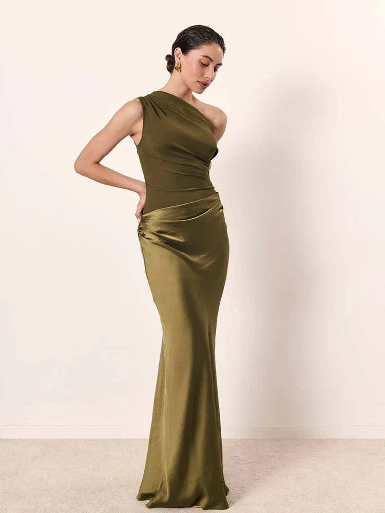 Sage | One-Shoulder Satin Maxi Dress