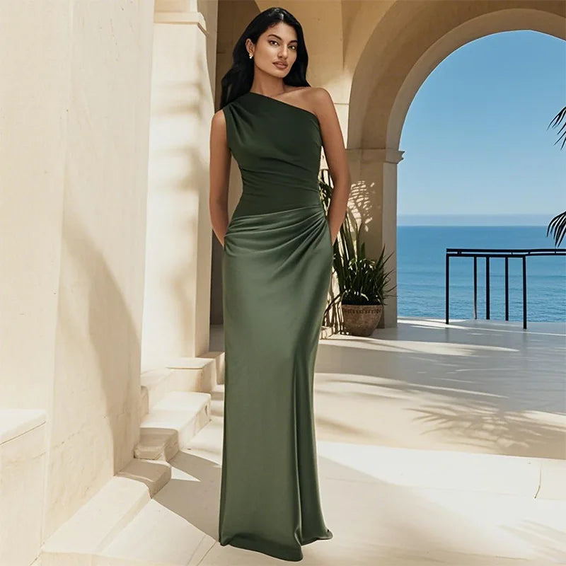 Sage | One-Shoulder Satin Maxi Dress