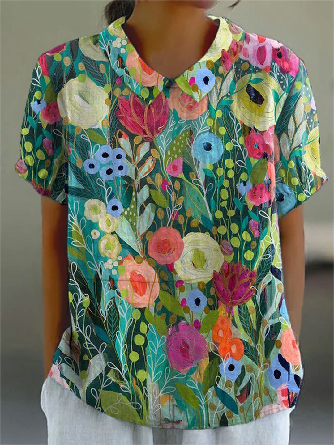 Latrice | Women's Floral Pointed-Collar Short-Sleeve Relaxed Blouse