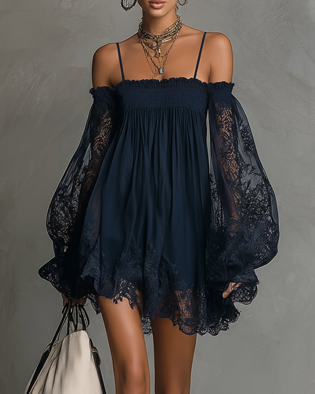 Fredrica | Navy Lace Chiffon Mini Dress