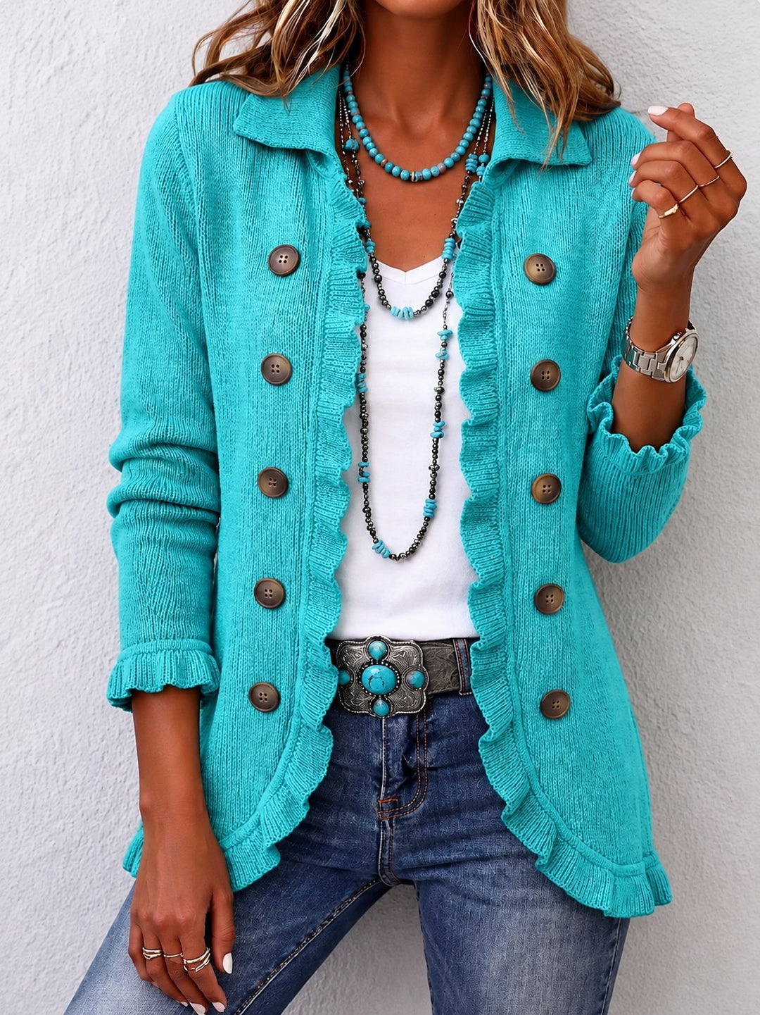 Kaye | Turquoise Ribbed Knit Ruffle Jacket