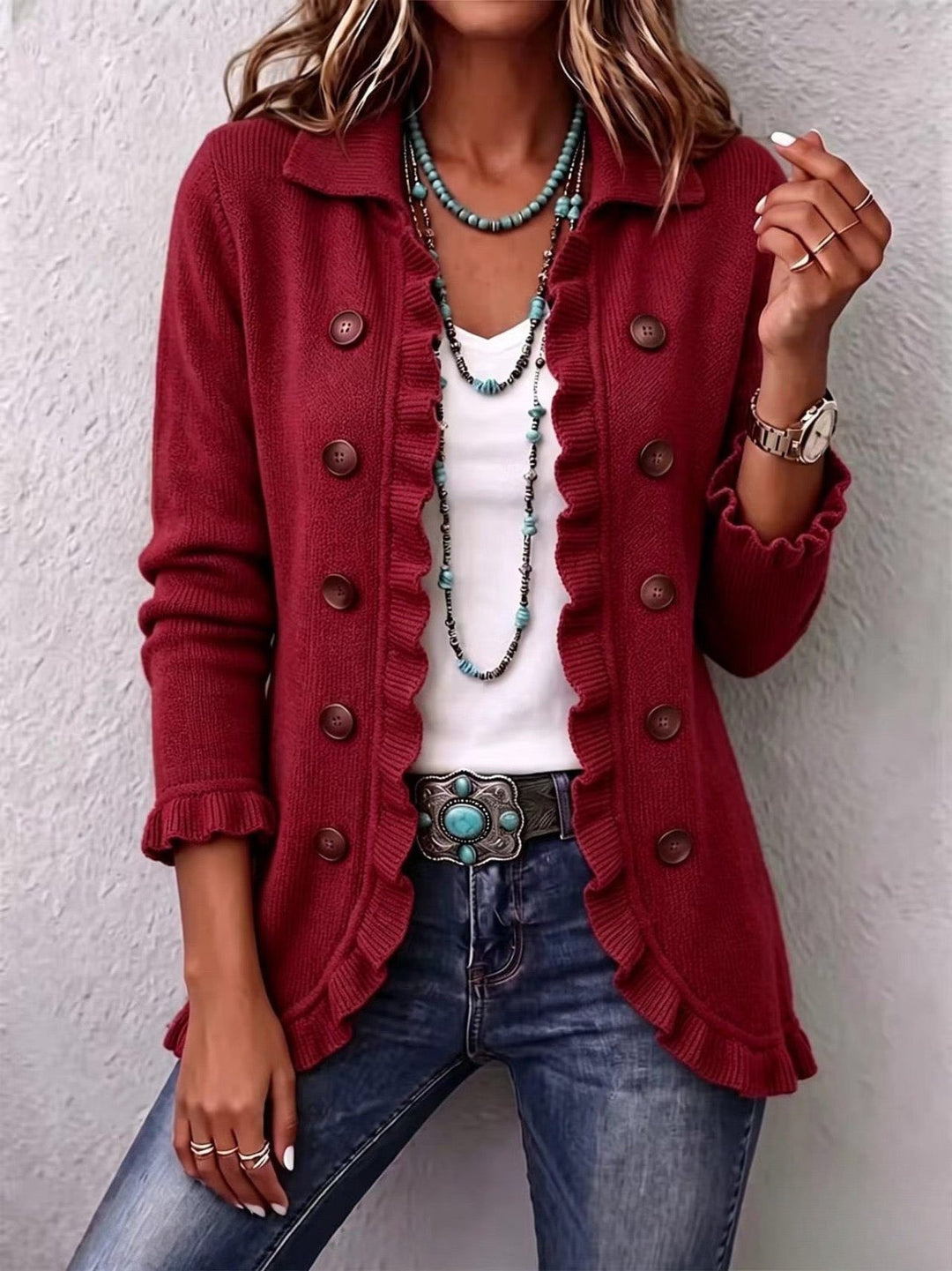 Imilda | Ruby Red Ribbed Knit Ruffle Jacket