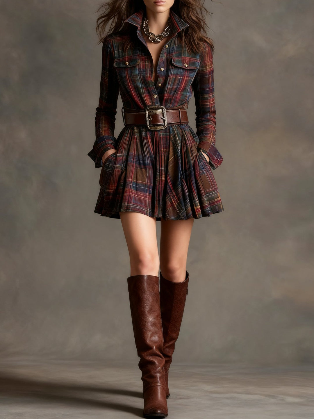 Jade | Red and Brown Checked Mini Dress