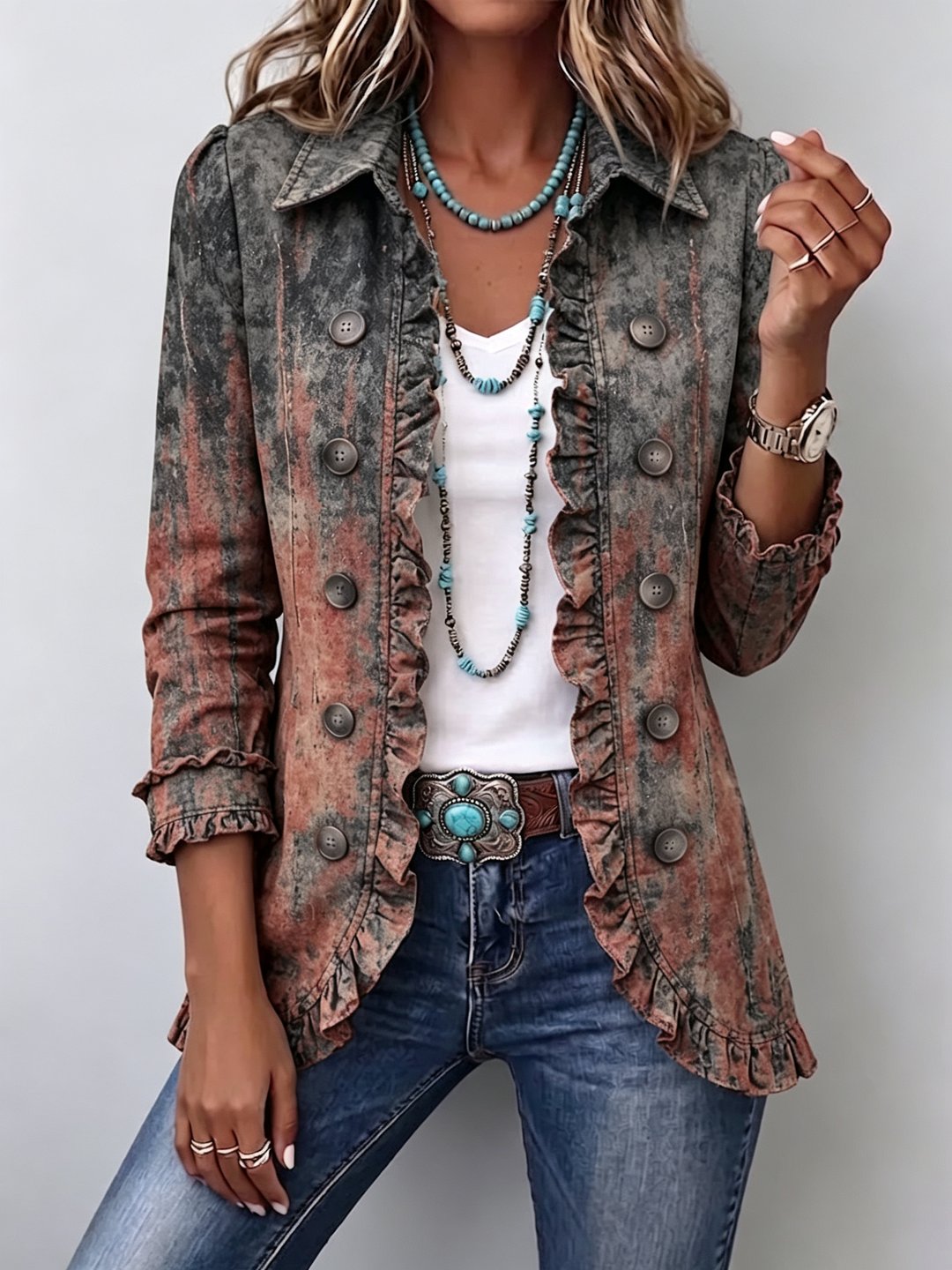 Philomena | Vintage Gradient Textured Print Ruffle Jacket