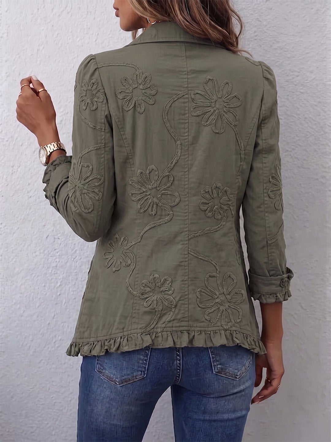 Francisca | Boho-Chic Floral Embroidered Utility Ruffled Trim Jacket