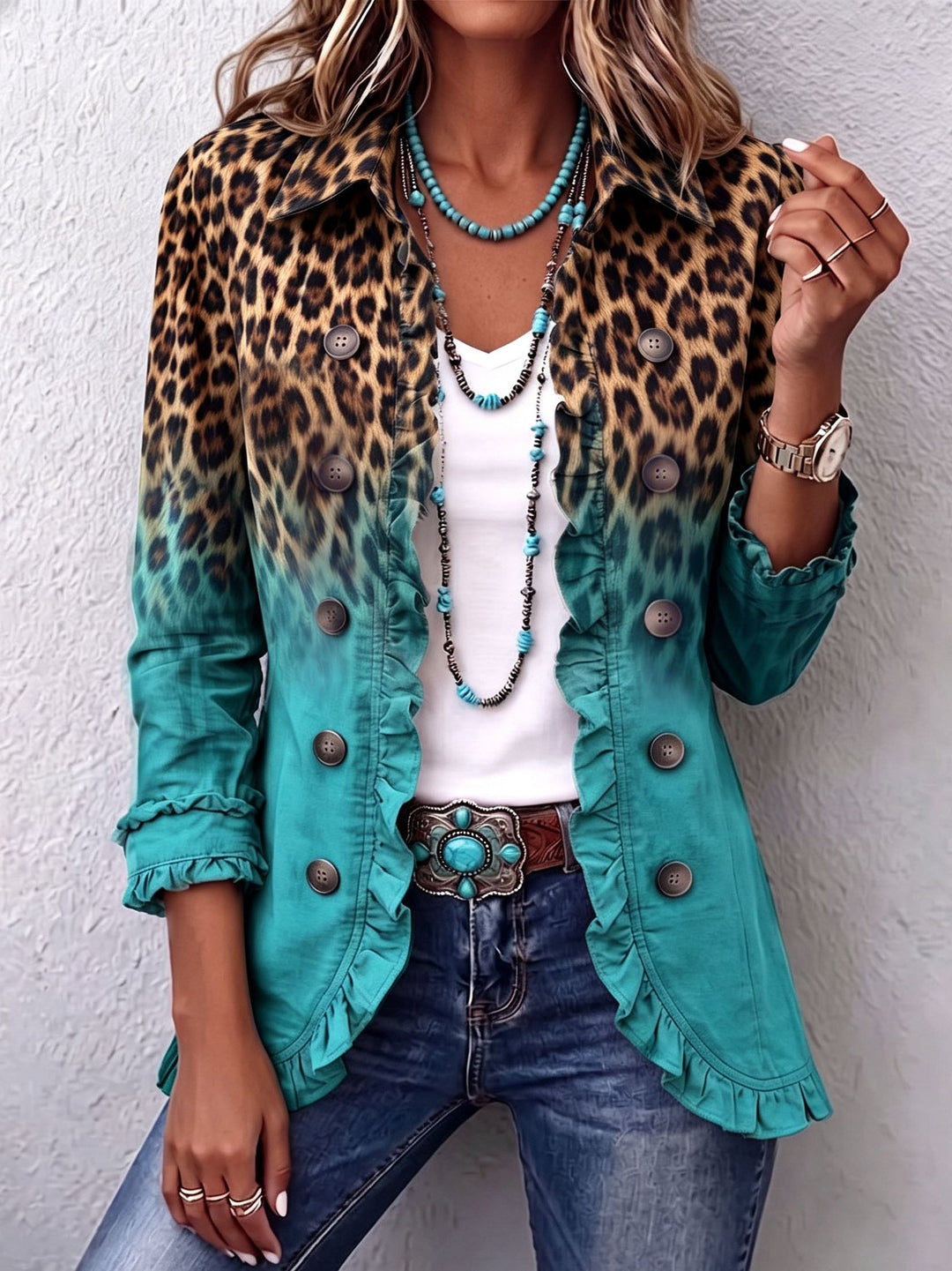 Justine | Leopard Ombre Ruffle Blazer Jacket