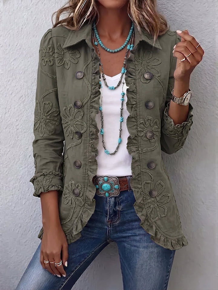 Francisca | Boho-Chic Floral Embroidered Utility Ruffled Trim Jacket