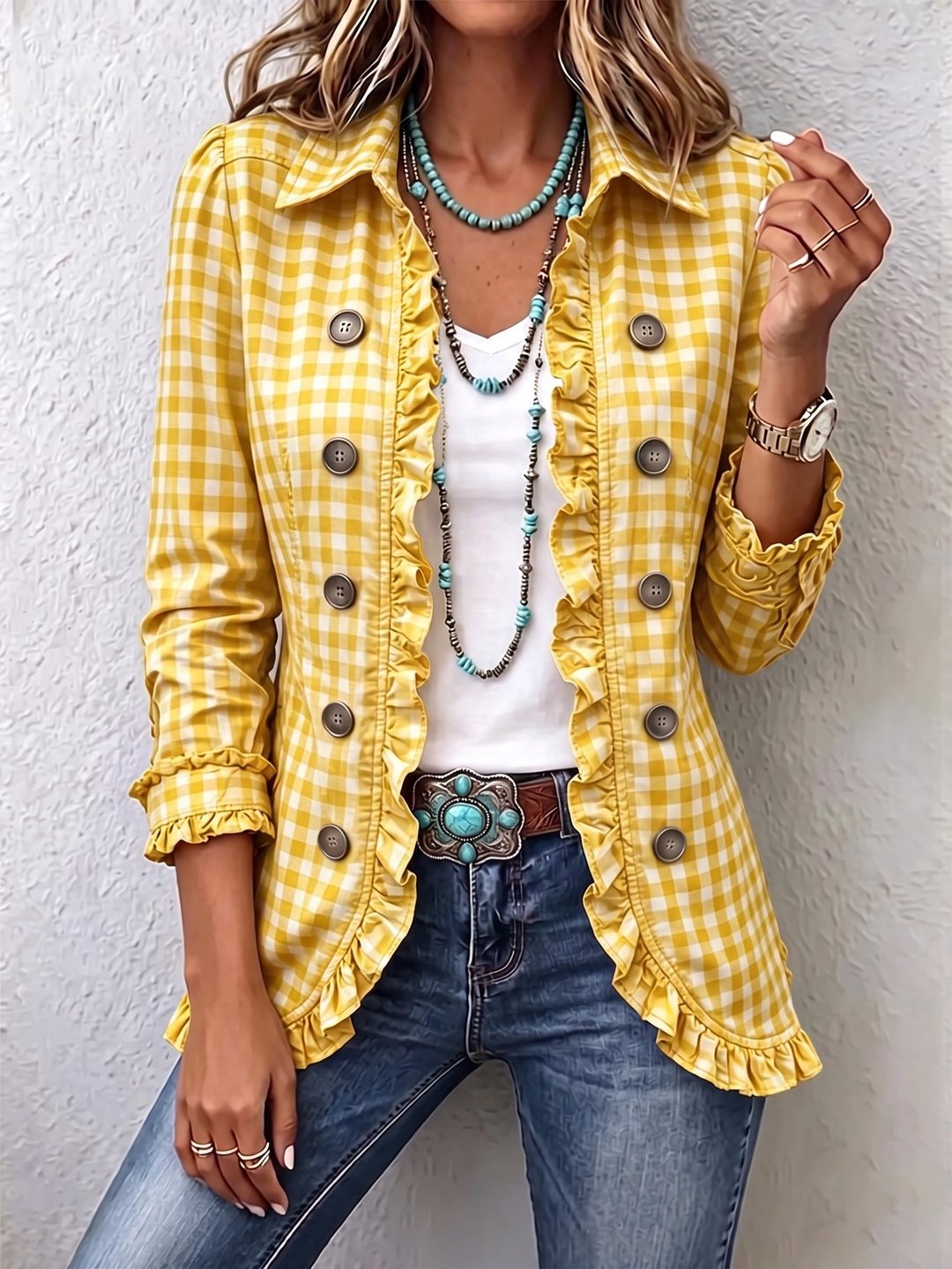 Nessa | Gingham Ruffled Button-Down Jacket