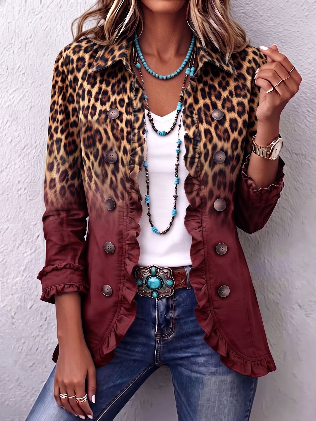 Justine | Leopard Ombre Ruffle Blazer Jacket