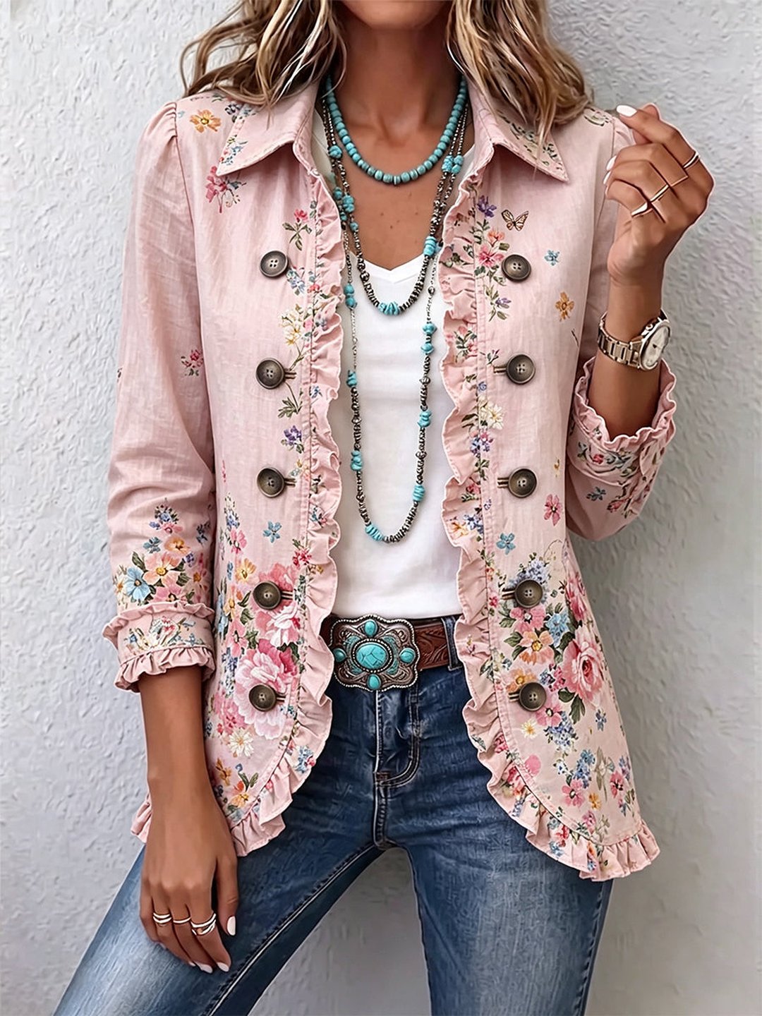 Patti | Floral Ruffle Button-Front Jacket