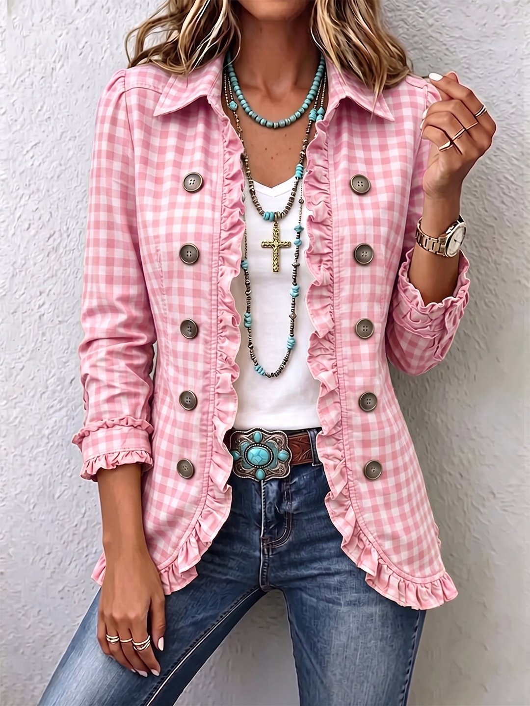Nessa | Gingham Ruffled Button-Down Jacket